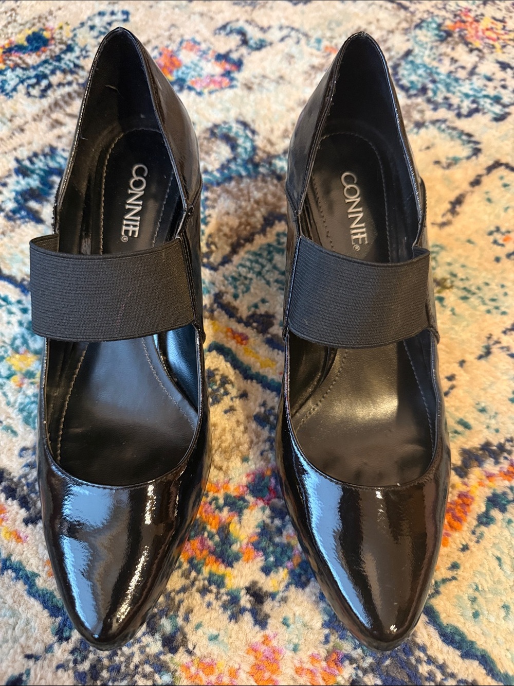 CONNIE Black Patent Pointed-Toe Mary Jane Heels